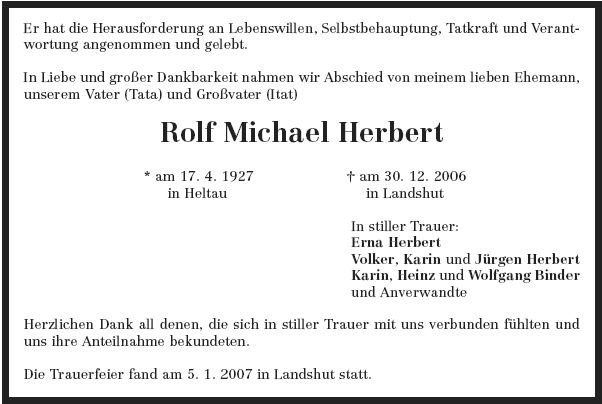 Herbert Rolf Michael 1927-2006 Todesanzeige